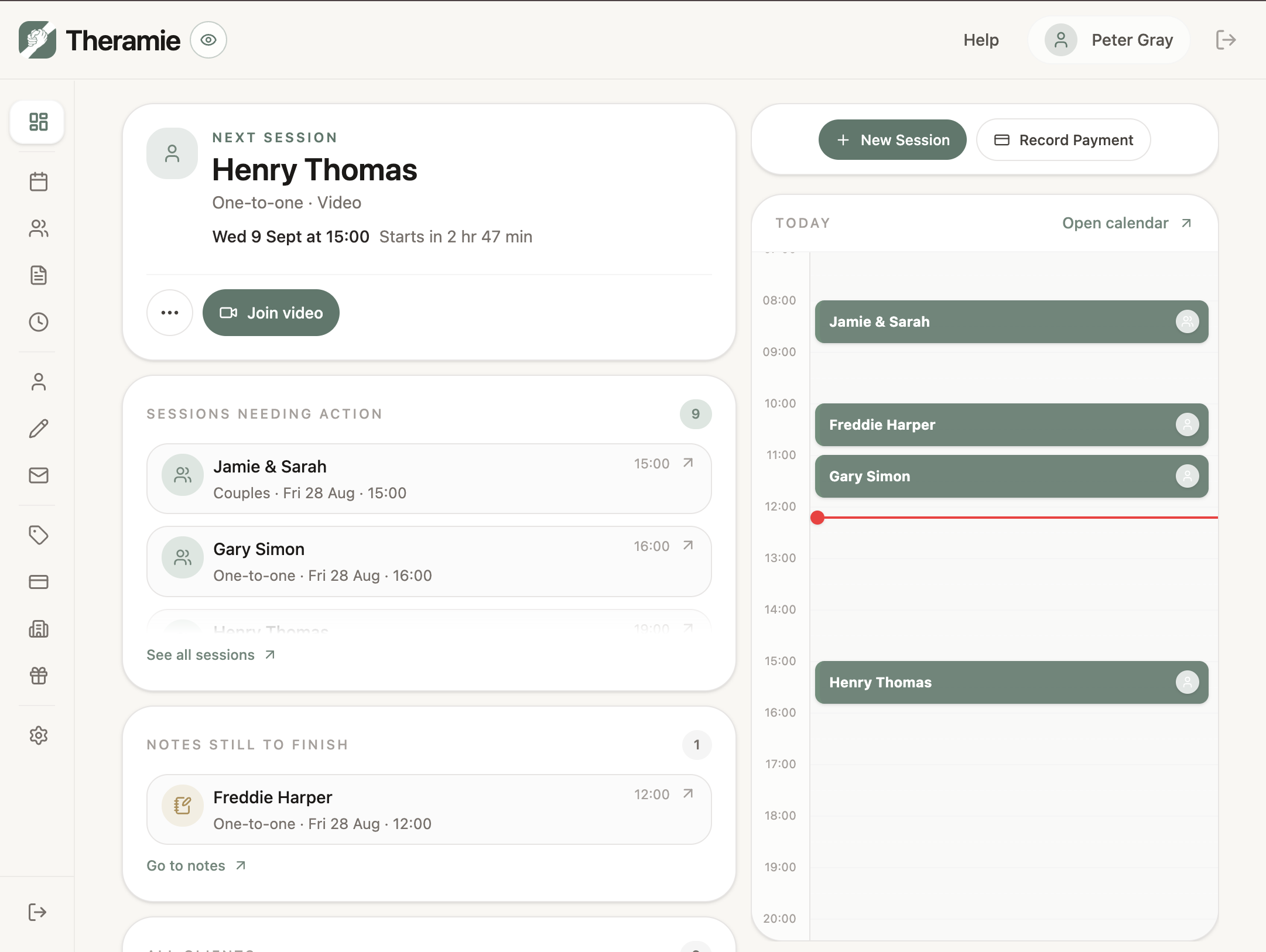 Theramie dashboard showing the next session, outstanding actions, client records and today's calendar